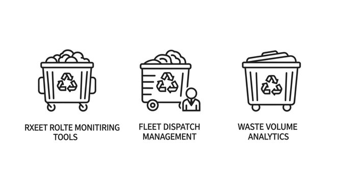 Smart waste management and fleet monitoring system icons with management dispatch recycling monitoring analytics environment collection logistics infrastructure technology software analysis