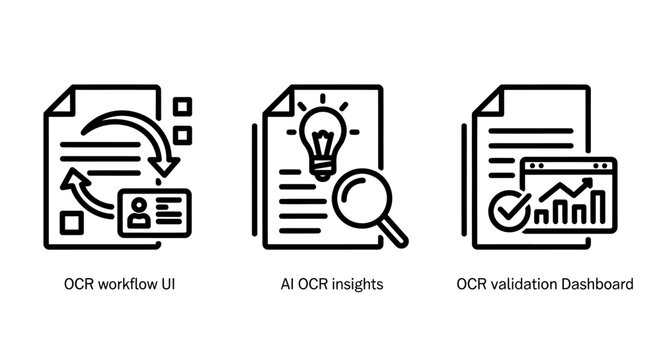 Ocr identity AI insights data validation dashboard icons with identity intelligence insights validation dashboard document analysis scanning artificial recognition business reporting