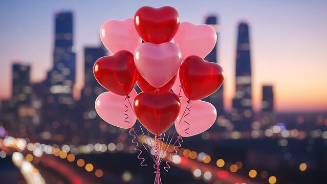 Heart Balloons Float Above Cityscape at Dusk