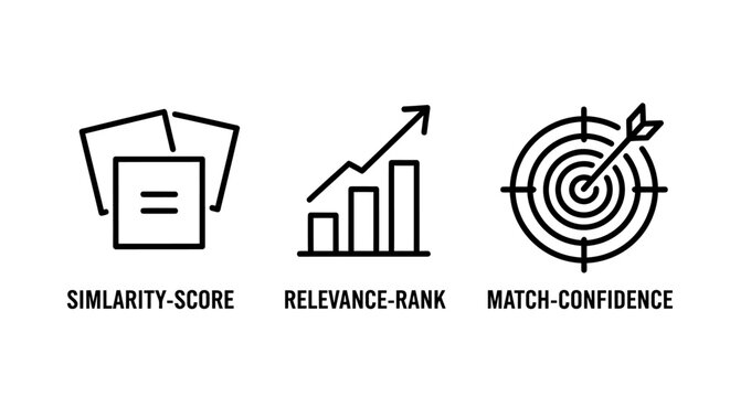 Data similarity and relevance ranking analytics icon set with similarity relevance confidence analytics analysis business accuracy evaluation comparison precision statistics measurement