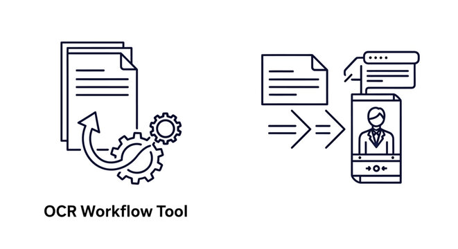 Optical character recognition ocr workflow tool and document digitalization system icons with document scanning workflow technology recognition automation software processing conversion