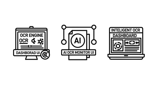Intelligent optical character recognition software dashboard UI icons with character recognition artificial intelligence dashboard software interface scanning automation document processing