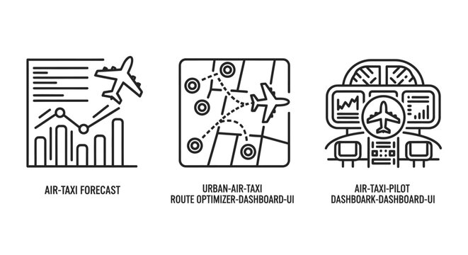 Air taxi forecast and urban route optimization dashboard icons with aviation forecast optimization dashboard transport logistics analytics technology aircraft navigation software planning