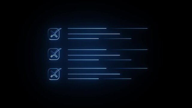 Blue neon checklist with animated lines glowing on black background, dynamic motion, digital interface concept