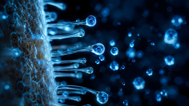 Macro microscopic view of glowing blue organic cells with bioluminescent droplets and porous texture, concept of advanced biotechnology, synthetic biology, and scientific medical research