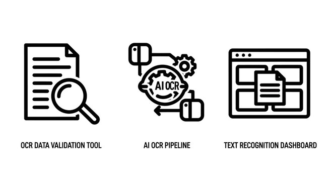 Set of data processing and optical character recognition tool icons for automation pipelines with processing recognition automation pipeline dashboard validation document technology software