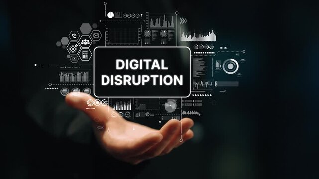 Hand Reaching Out with Digital Disruption Concept and Futuristic Data Visualization Elements in Dark Background. Asymptotic smart data analytic.