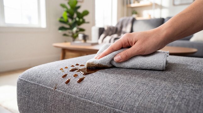 Cleaning a coffee spill on stain resistant grey fabric couch with a cloth