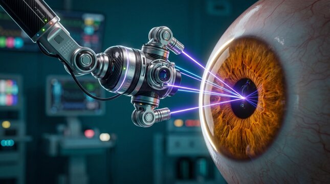 Robotic arm performing advanced laser eye surgery for LASIK vision correction