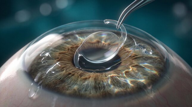 Medical illustration of an intraocular lens implant during cataract surgery