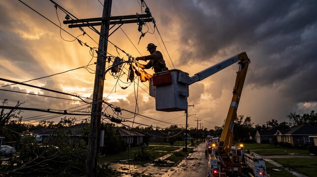 Utility lineman in bucket truck repairing power lines after storm at sunset