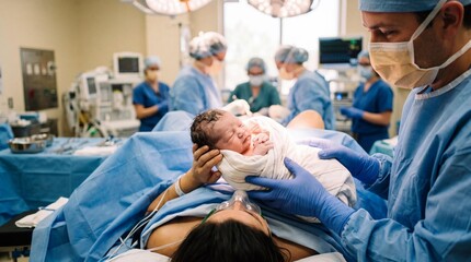 Obraz premium Newborn baby presented to mother after cesarean delivery in operating room.