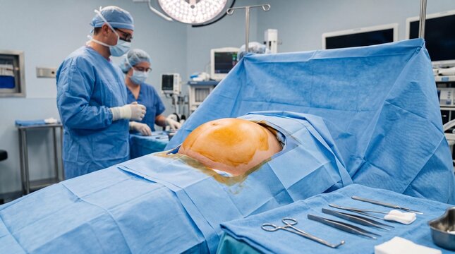 Pregnant abdomen prepped with antiseptic for C-section in operating room
