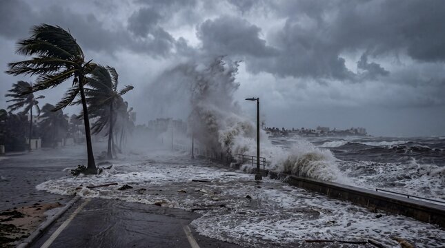 Hurricane storm surge waves crash over a seawall flooding a coastal road.