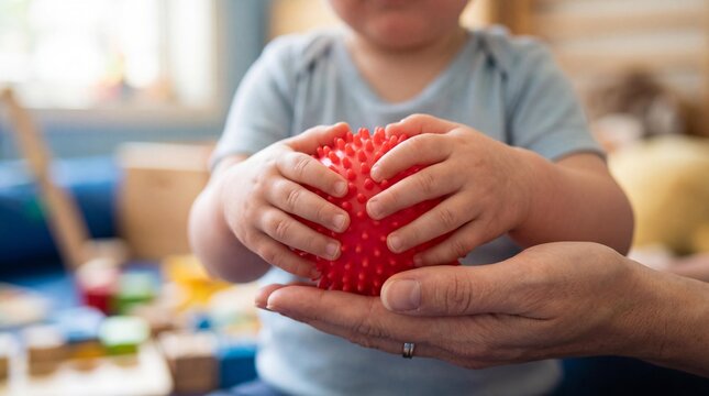 Child holding red spiky sensory ball during tactile stimulation therapy