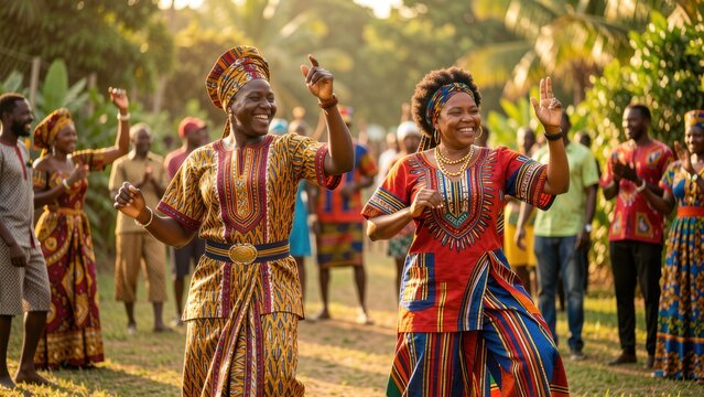 joyful cultural dance celebration outdoors at golden hour with richly dressed diverse adults performing energetic graceful movements for commercial use