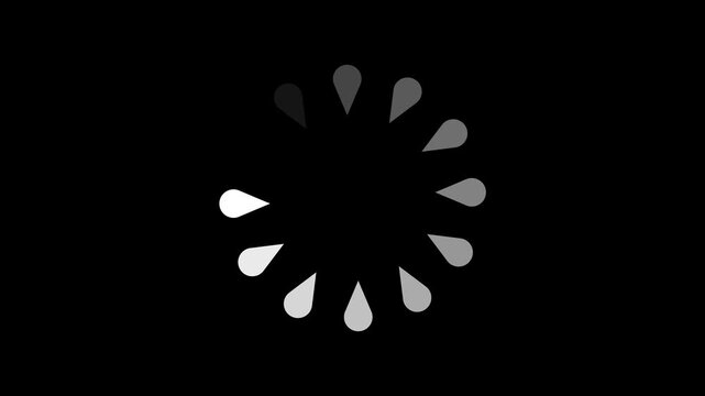Animated white teardrop loading spinner on black background representing digital buffering progress tracking and software system status for professional video projects.
