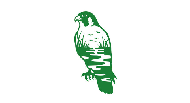 Green falcon silhouette with sharp beak and feathers.