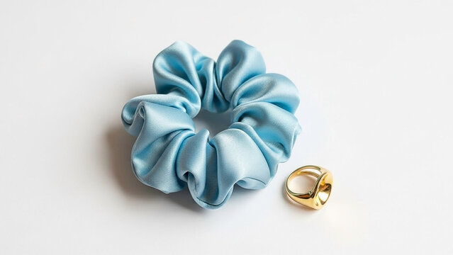 Light Blue Silk Scrunchie and Gold Ring on White