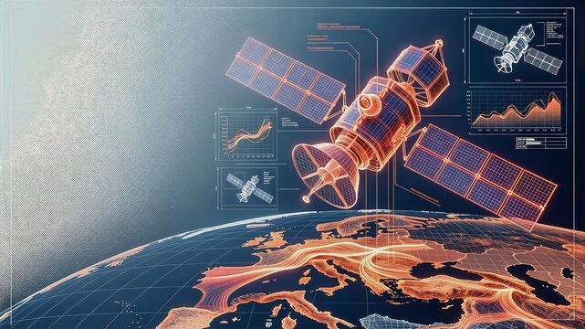 Satellite Emergency Response and Humanitarian Aid Technical Blueprint with 3D Wireframe Satellite Array, Glowing Coral Vectors and Copy Space
