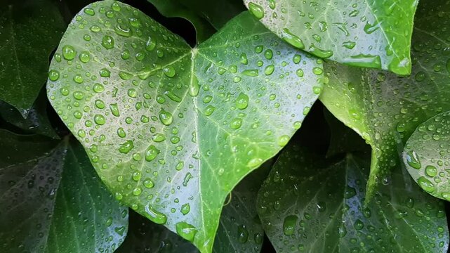 Macro video of water drops on green ivy leaves after rain. Wet plant foliage texture and natural eco background with ivy creepers.