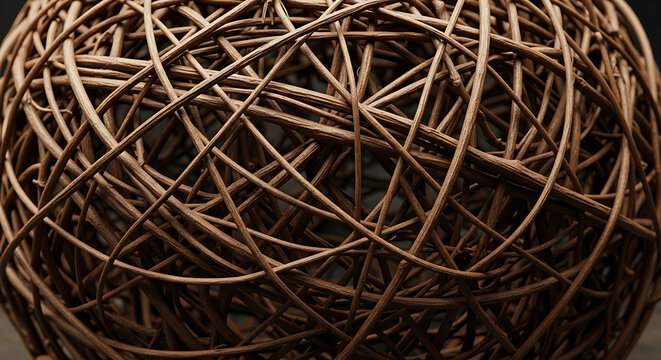 Macro shot of intricate woven rattan orb sphere decor with intertwined decorative material circular abstract close-up structure