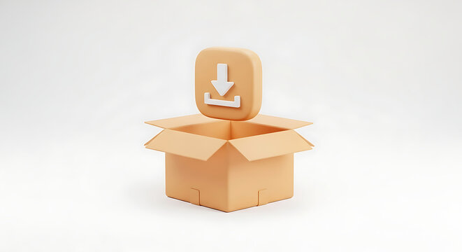 3D download icon hovering above open cardboard delivery box with e commerce download shipping delivery cardboard internet business logistics e-commerce interface container isolated