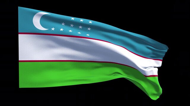 Professional animation of the Uzbekistan flag waving in the wind, ideal for Central Asian news, travel videos, cultural projects, education, web banner use, and national holiday visuals.
