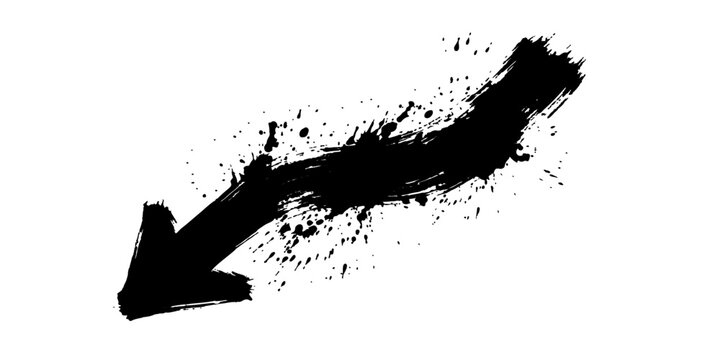 A dynamic black arrow, formed by a series of ink splatters and brush strokes, points downwards and to the left, conveying a sense of movement, direction, and abstract expression.