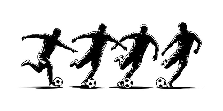 Soccer Players Running in Black and White, Kicking Balls in a Dynamic Action Silhouette Graphic on a White Background