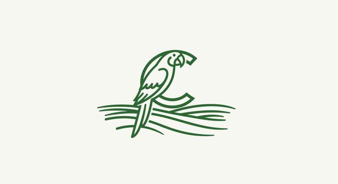 Green parrot perched on a minimalist branch illustration.