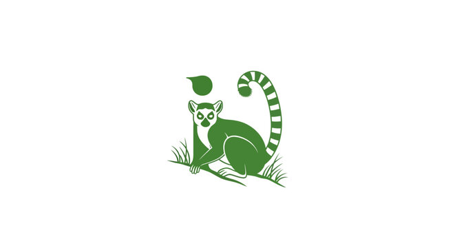 Green lemur illustration with striped tail and leaf.