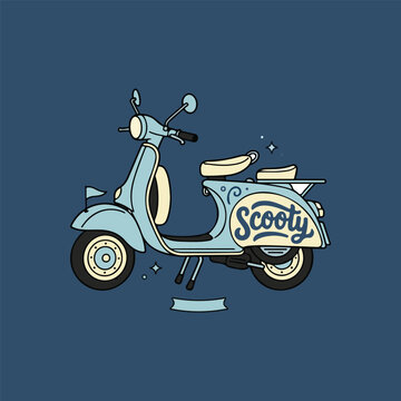 Classic Scooty Vector Illustration with Badge Label and Flat Retro Style Design
