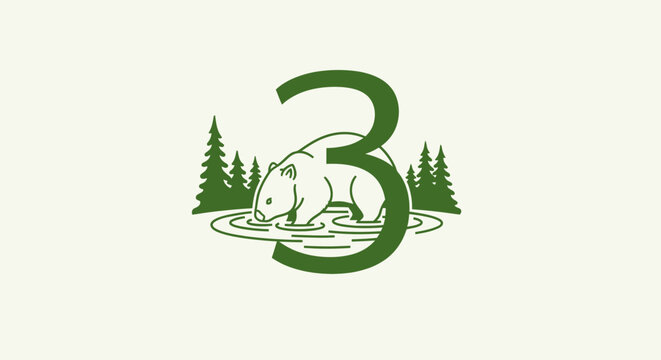 Green bear logo with number three and forest elements.