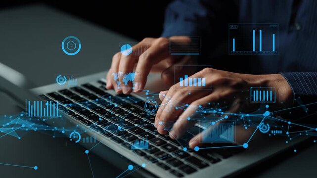 A close-up of hands typing on a laptop, surrounded by holographic data visualizations, emphasizing the intersection of technology and business analytics in a modern workspace. Xenic