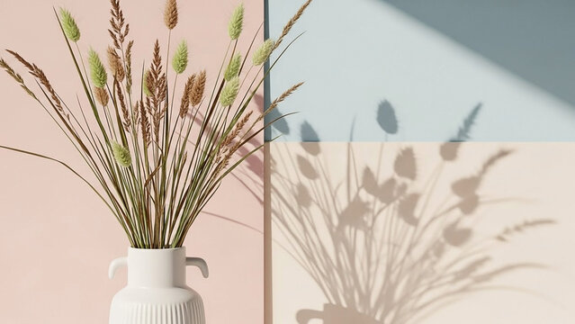 Dried Grasses in a White Ceramic Vase with Soft Shadows