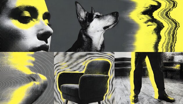 Abstract surreal collage with digital glitch effects featuring a dog and interior furniture abstract furniture distorted composition contrast experimental creative monochrome distortion