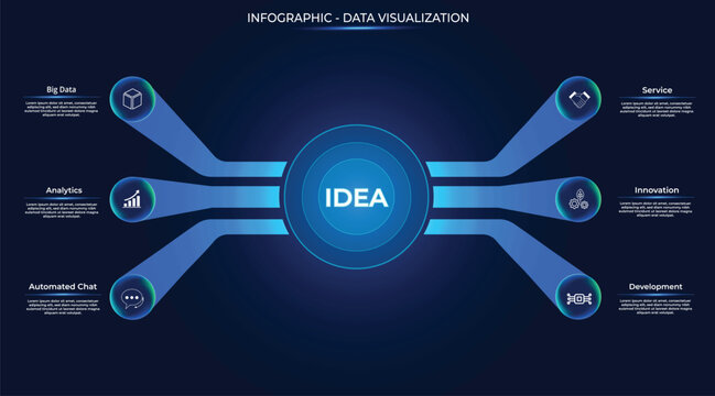 Futuristic 3D data visualization infographic in a "spider" style, featuring six option buttons arranged in deep perspective; represents concepts of Big Data, technology, fintech. Luminous glow, Tech