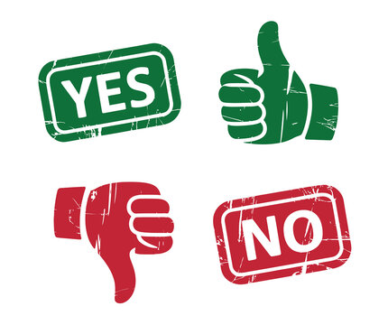 Grunge yes and no rubber stamp vector icons with thumbs up and thumbs down symbols for approval, rejection, feedback, voting, and quality assessment design projects