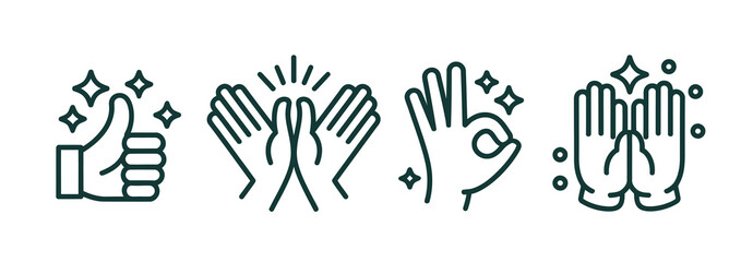 Obraz premium Green line art corporate hand gesture icon set featuring thumbs up, clapping, OK signs, and approval symbols for business communication, management feedback, and workplace appreciation
