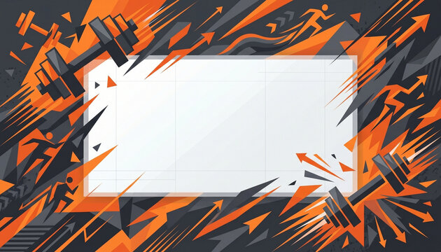 Fitness and exercise banner design with dumbbells running figures and arrows motion blur.