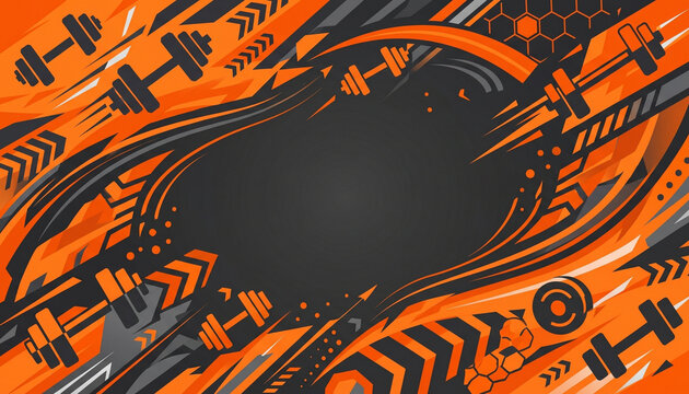 Dynamic fitness gym background with orange black racing stripes and dumbbell silhouettes.