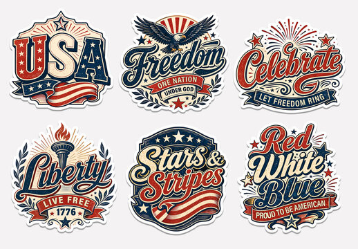 Retro USA Independence Day Typography Sticker Layout Set