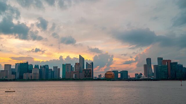 Modern City Skyline Across Water at Sunset