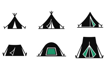 Camping tent icon set featuring various shelter styles including teepee and dome designs for outdoor recreation and wilderness survival trips with green color accents and symbols © Amdadul