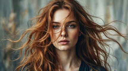 Fototapeta premium Young woman with windblown hair in neutral indoor backdrop