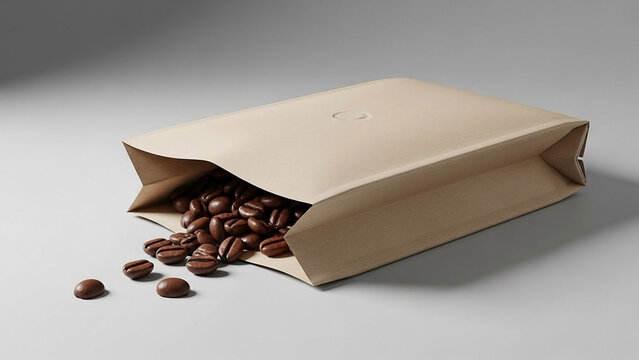 Coffee Beans Spill from Kraft Paper Bag on Gray Surface