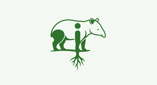 Green illustration of tapir and tree with roots.