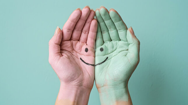 Cupped Hands Safely Holding a Glowing Yellow Happy Face Emblem