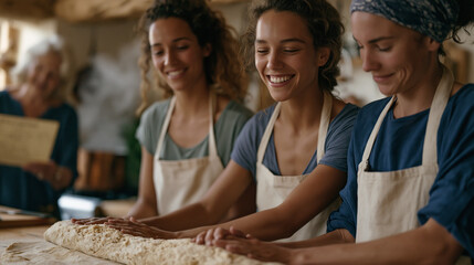 Fototapeta premium Two adult sisters working side by side in a domestic kitchen rolling dough together and laughing at a shared memory while a grandmother nearby reads aloud from a handwritten